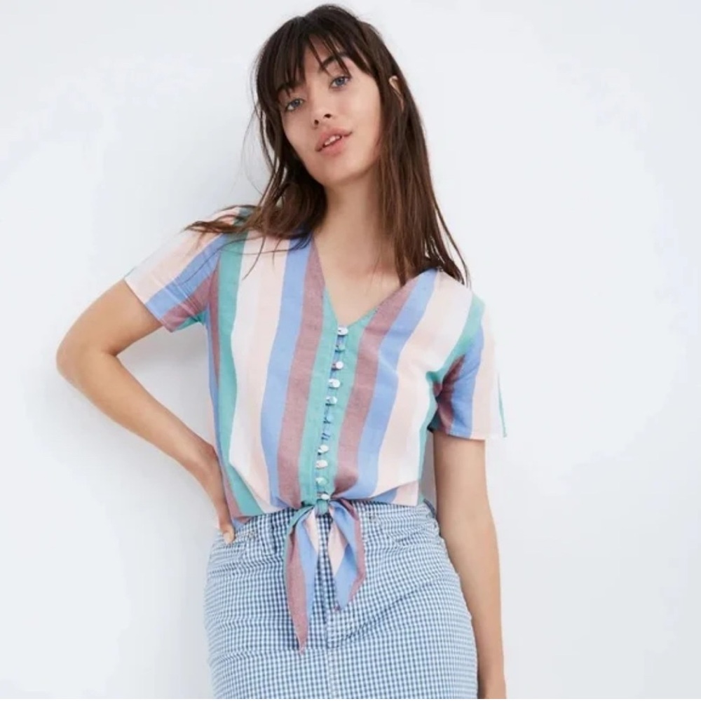 Madewell Pink and Blue Stripe Short Sleeve Top